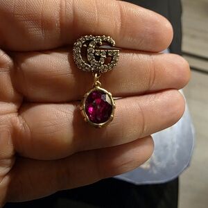 USED...Gucci Gold With Red Gemstone Drop Earrings With Crystals